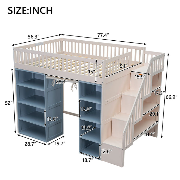 White Giga loft bed with built-in staircase, privacy curtain, and two four-layer storage cabinets in a full-size design.