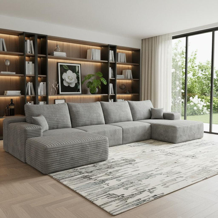 135" 2 Piece Living Room Set Corduroy Modular Compression Foam Sofa With Ottoman Toss Pillows - Gray