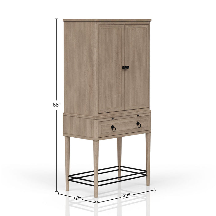 Bernards Furniture sand-colored wine cabinet with storage shelves and a sleek modern design for stylish home bar organization.