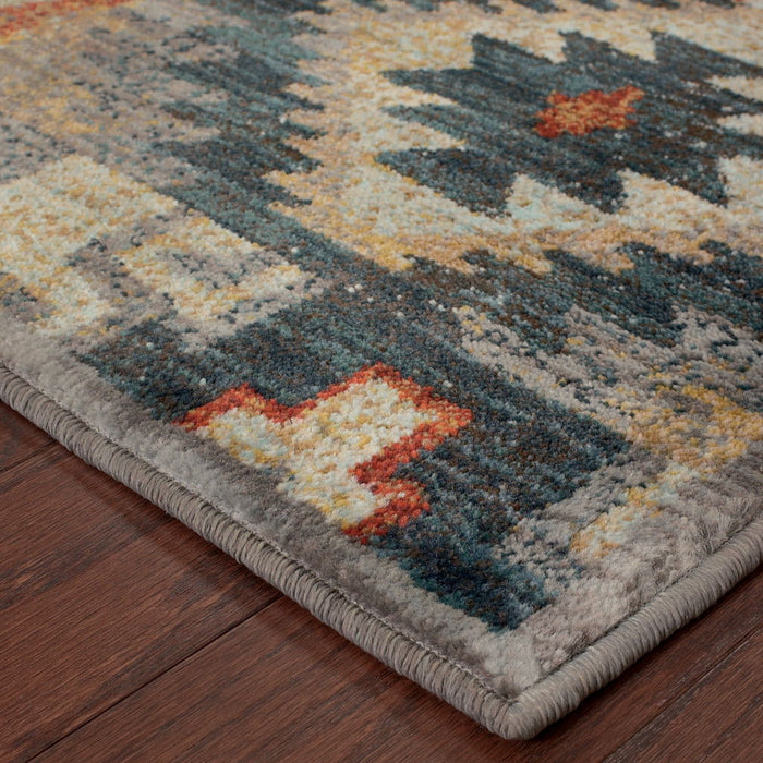 10' x 13' Geometric Power Loom Stain Resistant Area Rug - Blue Teal Gray Orange Gold Ivory And Rust