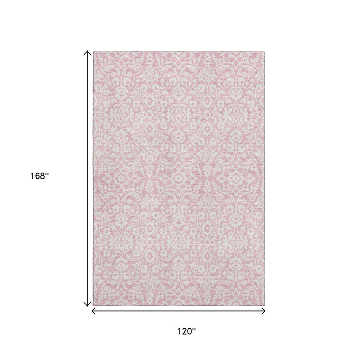 10' X 14' Damask Washable Area Rug With UV Protection (673163) - Pink / Ivory