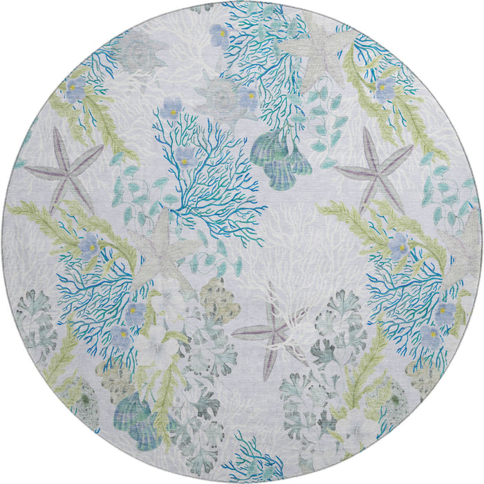 8' Geometric Washable Round Rug With UV Protection (645693) - Aqua / Ivory / Green