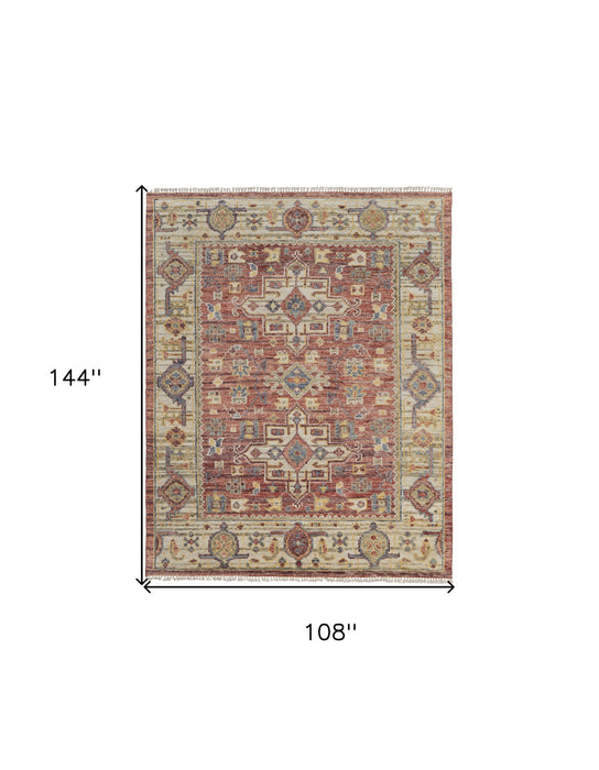 9' x 12' Wool Oriental Hand Knotted Area Rug With Fringe - Ivory Red And Gold