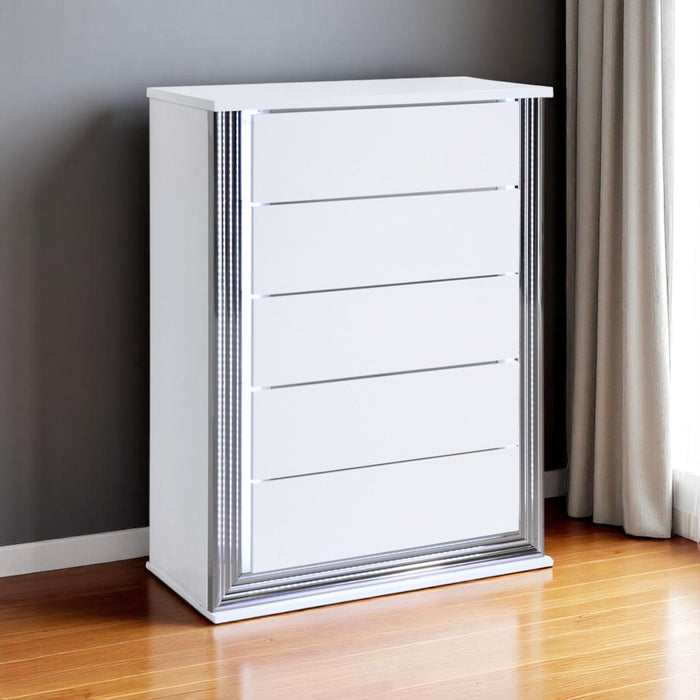 49" Wood Lighted Five Drawer Dresser - White
