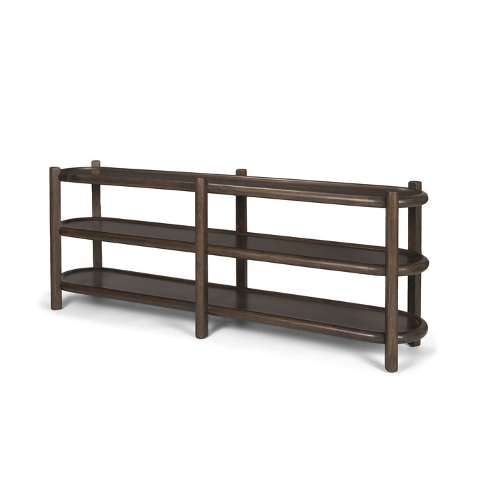 80" Solid Wood Oval Six Leg Console Table With Two Shelves - Brown