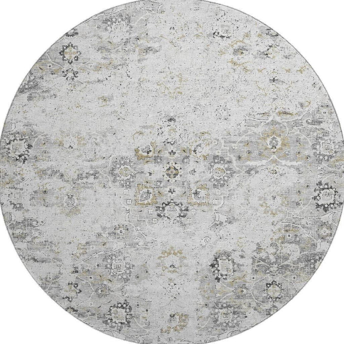 8' Floral Medallion Distressed Washable Round Rug With UV Protection (644201) - Light Gray / Charcoal