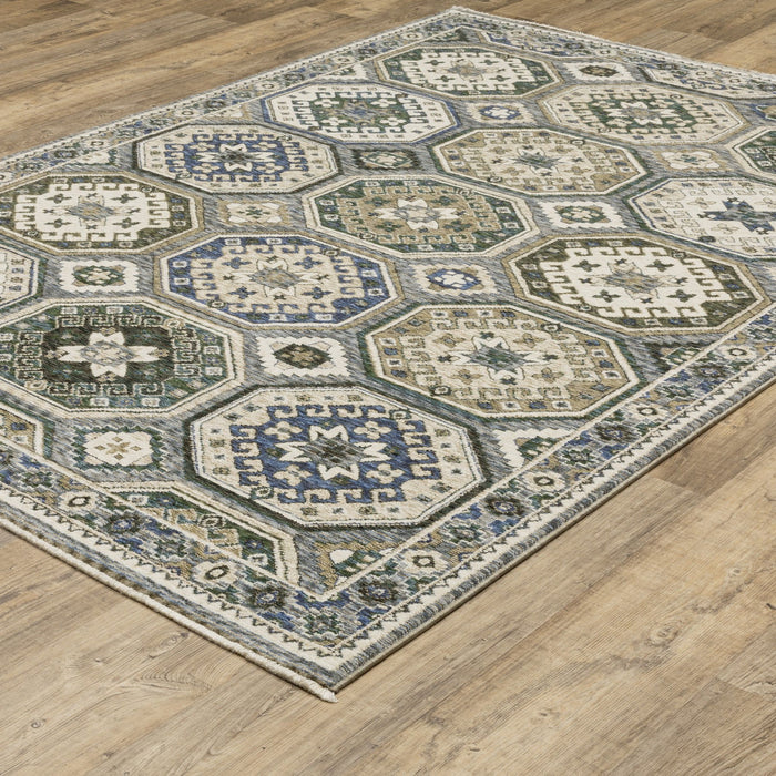 7' X 10' Medallion Area Rug With Fringe - Ivory And Blue