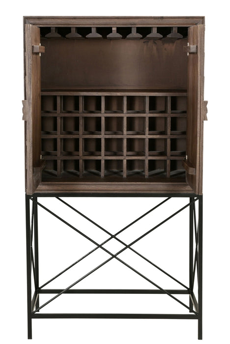 Solid Wood Two Door Carved Wine Cabinet - Brown