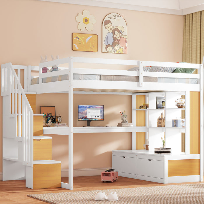 Giga full size loft bed with desk, shelves, built-in drawers and storage staircase in natural and white finish.