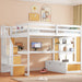 Giga full size loft bed with desk, shelves, built-in drawers and storage staircase in natural and white finish.