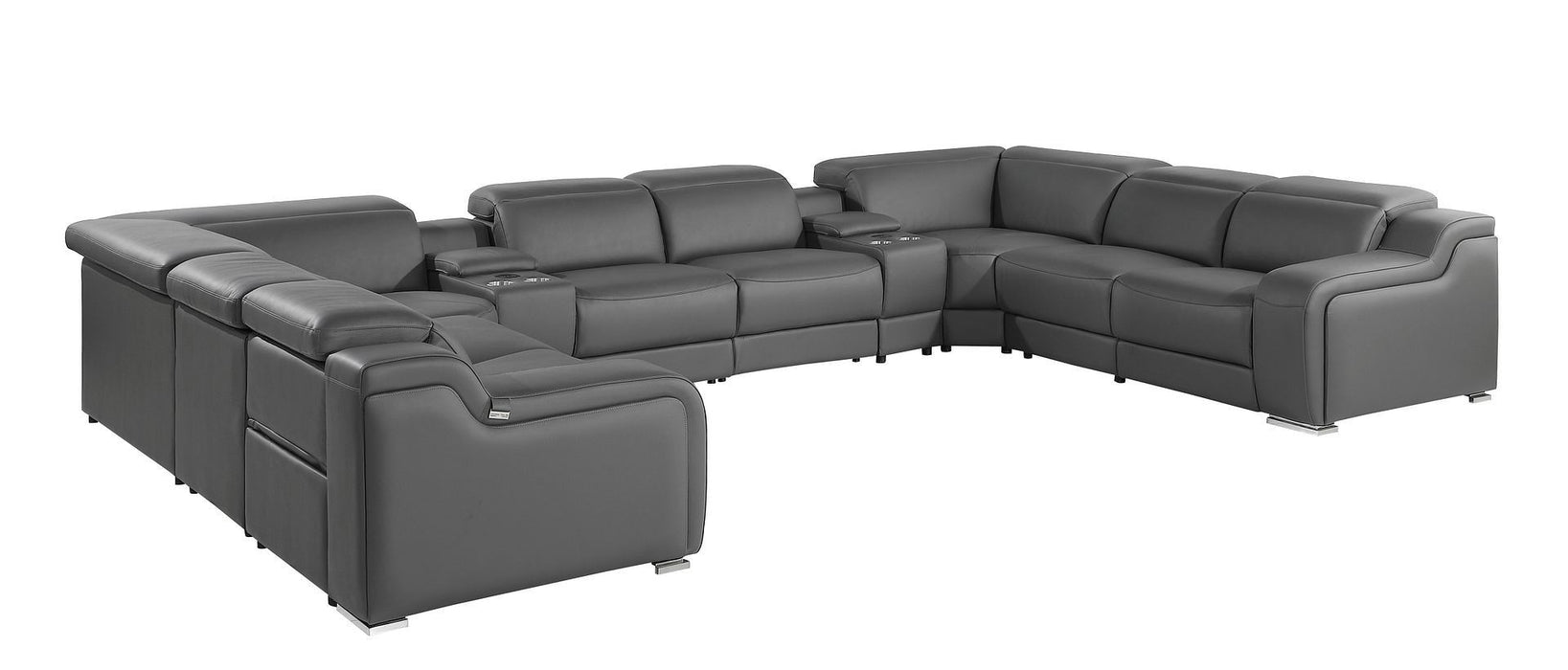 Italian Leather Power Reclining U-Shaped Ten Piece Corner Sectional With Console - Dark Gray