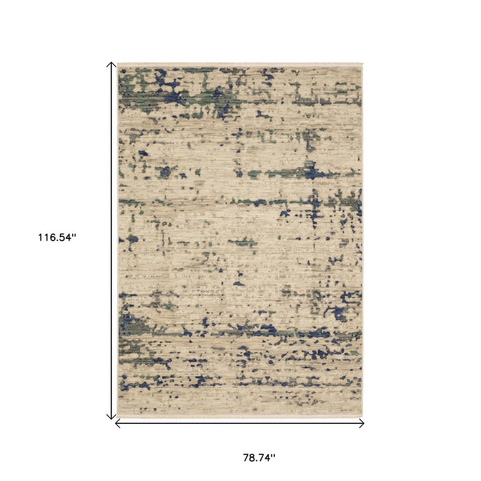 7' X 10' Abstract Area Rug With Fringe - Beige And Green