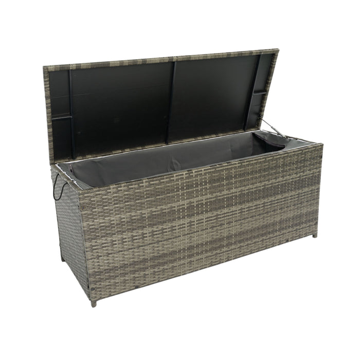 Giga outdoor wicker storage box with lid, ideal for patio cushions, kids toys, towels, and outdoor pillows.