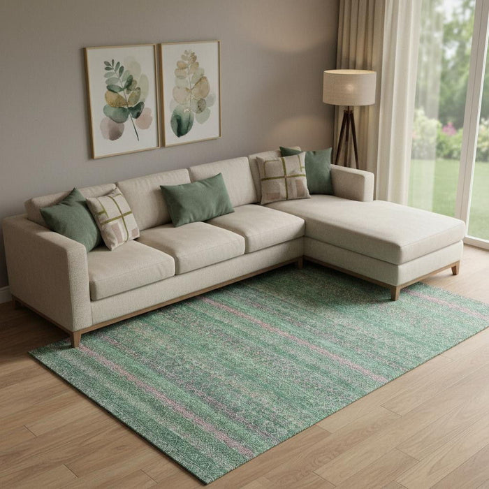 10' X 14' Striped Washable Area Rug With UV Protection (718055) - Green / Blush