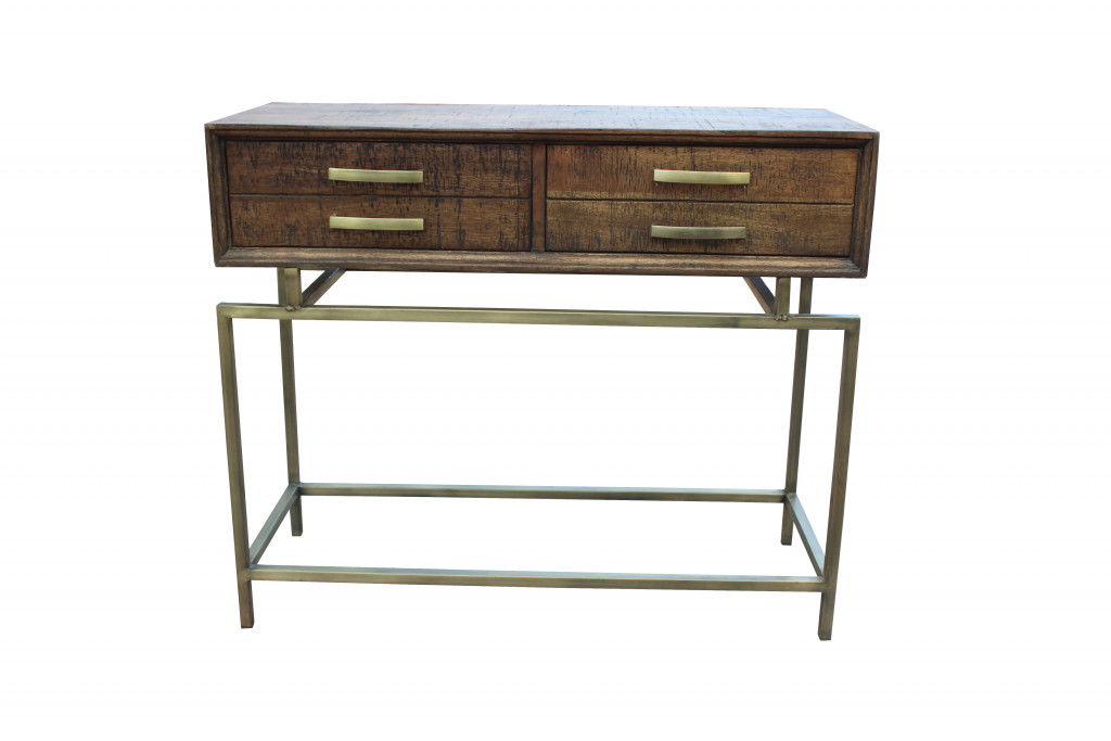 36" Solid Wood Distressed Frame Console Table With Storage - Brown And Brass