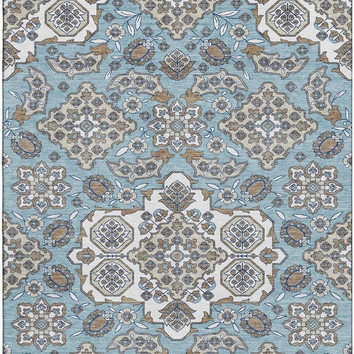 10' X 14' Floral Medallion Washable Area Rug With UV Protection (705869) - Sky Blue / Ivory