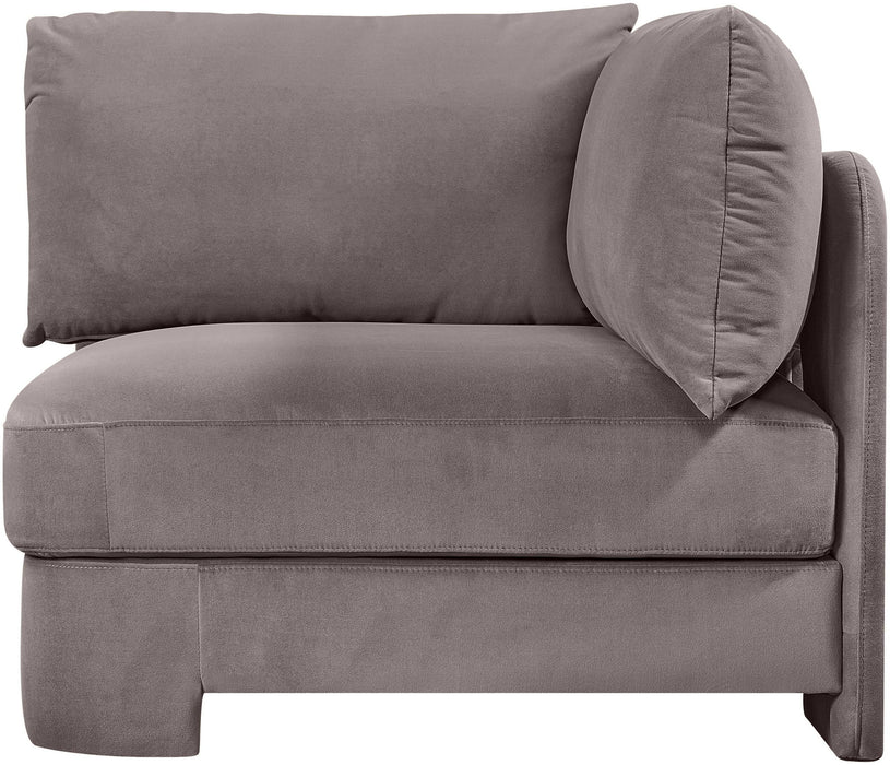Velvet upholstered corner chair by Meridian Furniture, stationary design with plush fabric and modern corner style.