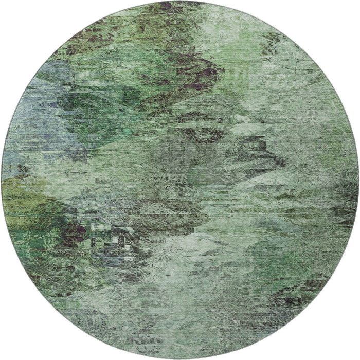 8' Abstract Washable Round Rug With UV Protection (650635) - Green / Brown / Ivory
