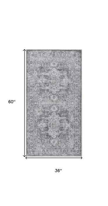 3' X 5' Floral Power Loom Worn Faded Area Rug (573529) - Gray