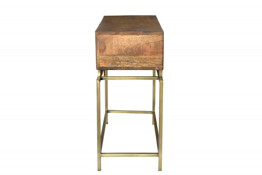 36" Solid Wood Distressed Frame Console Table With Storage - Brown And Brass