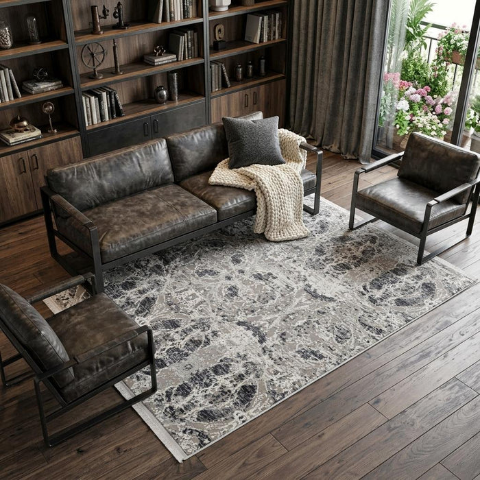 9' X 13' Oriental Area Rug With Fringe (744430) - Gray / Taupe / Ivory