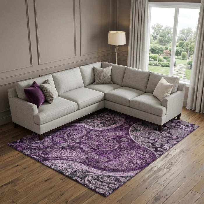 10' X 14' Paisley Washable Area Rug With UV Protection (683758) - Purple / Charcoal