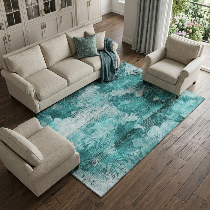 10' X 14' Floral Washable Area Rug With UV Protection (649096) - Teal / Ivory