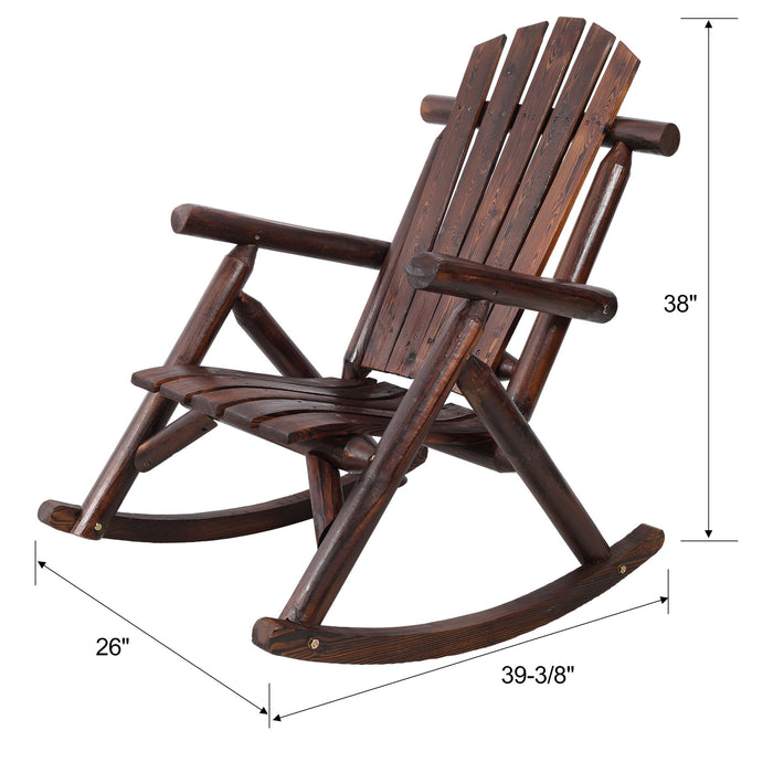 Giga durable wooden porch rocker chair made of fir log with curved seat and armrests, perfect for outdoor relaxation.
