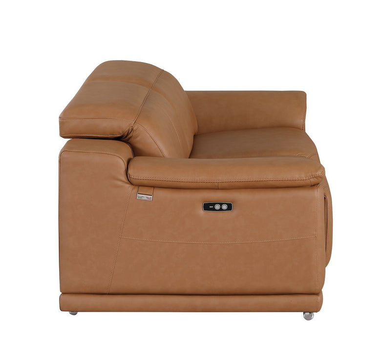 Italian Leather Power Reclining Loveseat - Chestnut / Silver