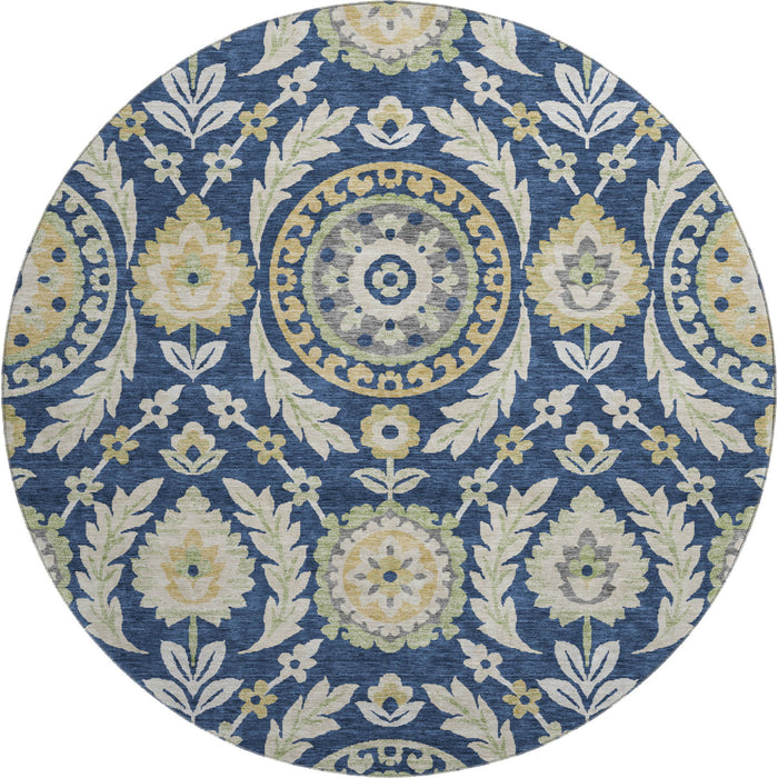 8' Floral Washable Round Rug With UV Protection - Navy Blue