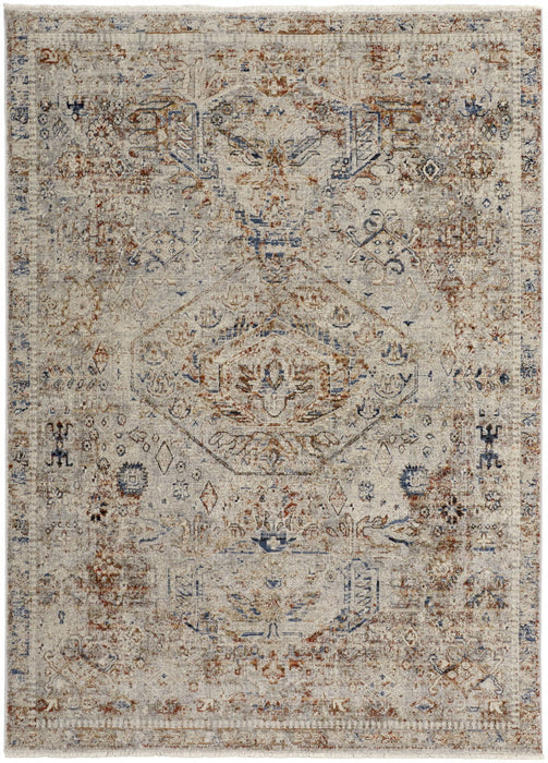 8' x 10' Floral Power Loom Distressed Area Rug With Fringe - Tan Orange And Red