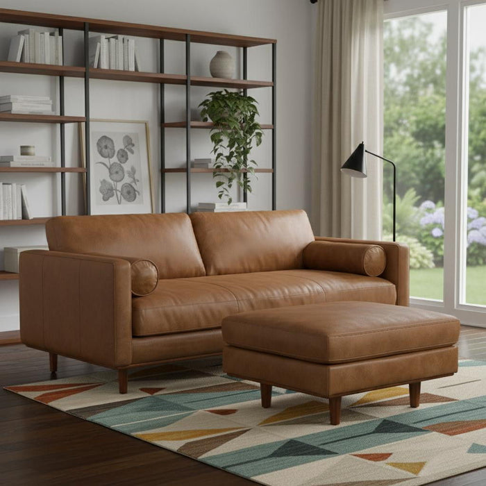 89" 2 Piece Living Room Set Leather Sofa With Ottoman - Brown