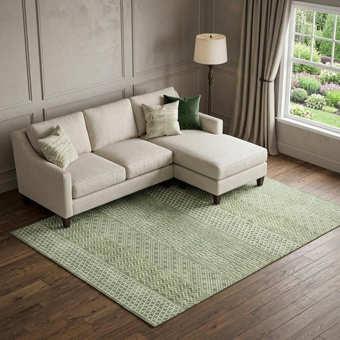 10' X 14' Striped Washable Area Rug With UV Protection (674790) - Green / Ivory
