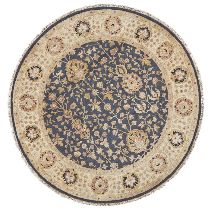 8' Wool Oriental Hand Knotted Round Rug - Black Brown And Gold