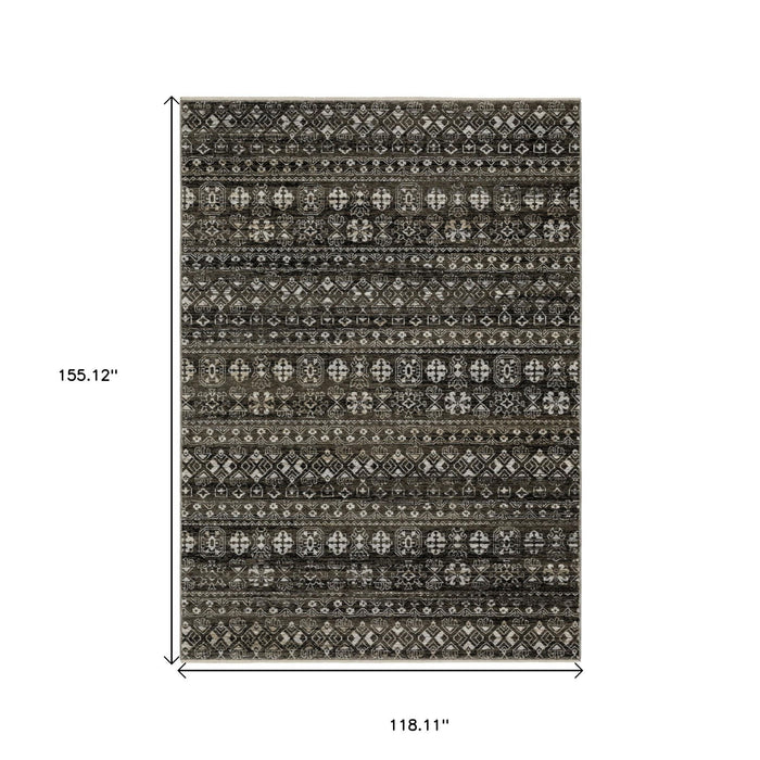 10' X 13' Tribal Area Rug With Fringe - Black And Gray