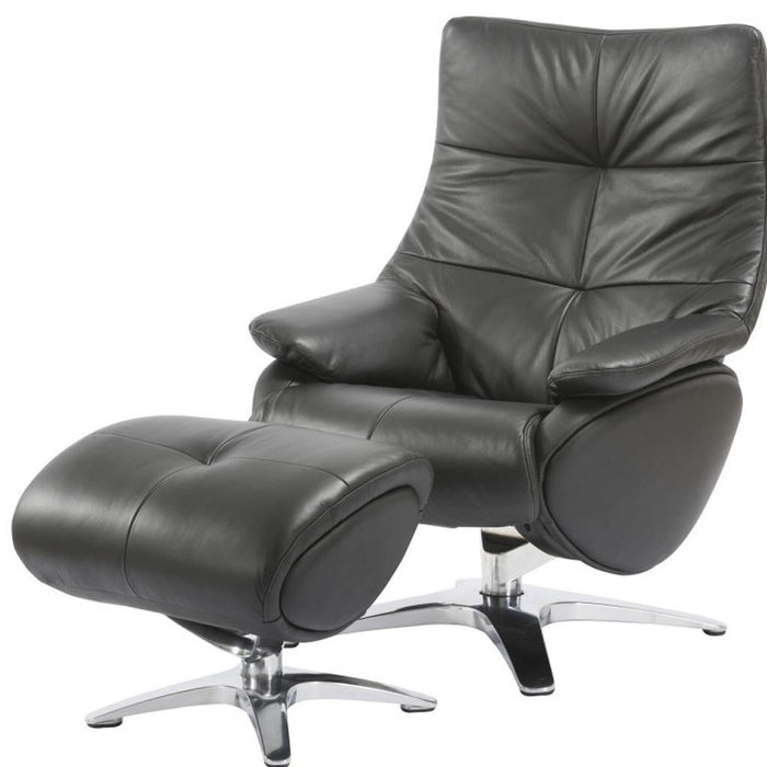 Black genuine leather tufted recliner and ottoman by HomeRoots, featuring manual swivel and plush cushioning.
