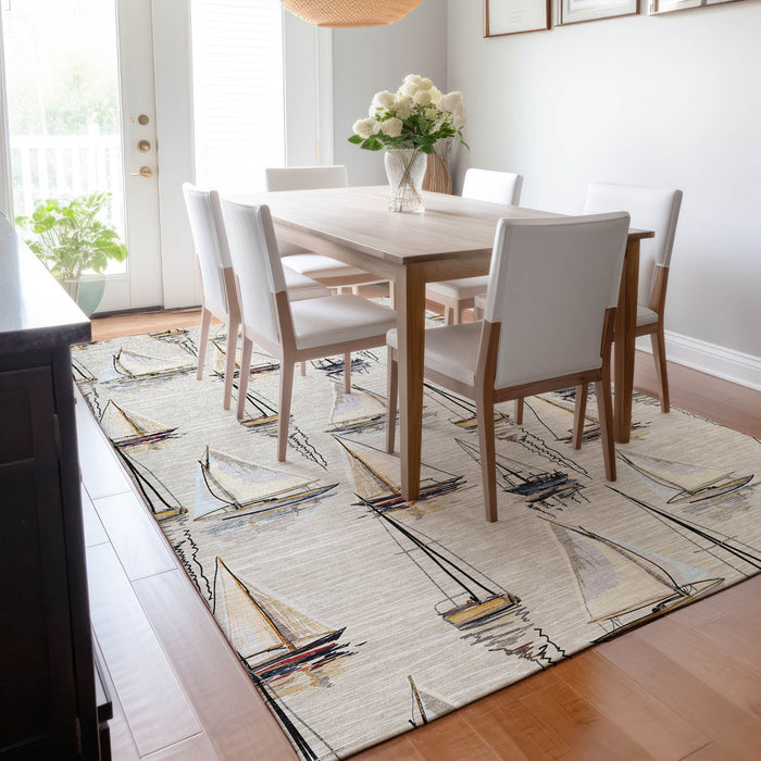 9' X 12' Nautical Washable Area Rug With UV Protection - Ivory And Black