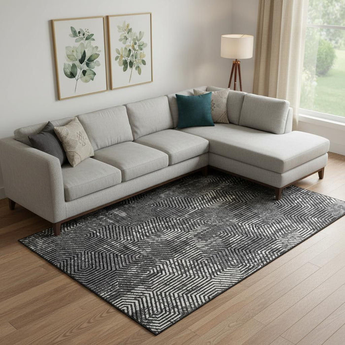 10' X 14' Geometric Washable Area Rug With UV Protection (672470) - Black / Ivory