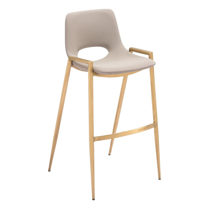 Set of two beige faux leather and steel low back bar height chairs with gold accents, perfect for modern bar or counter seating.