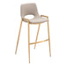 Set of two beige faux leather and steel low back bar height chairs with gold accents, perfect for modern bar or counter seating.