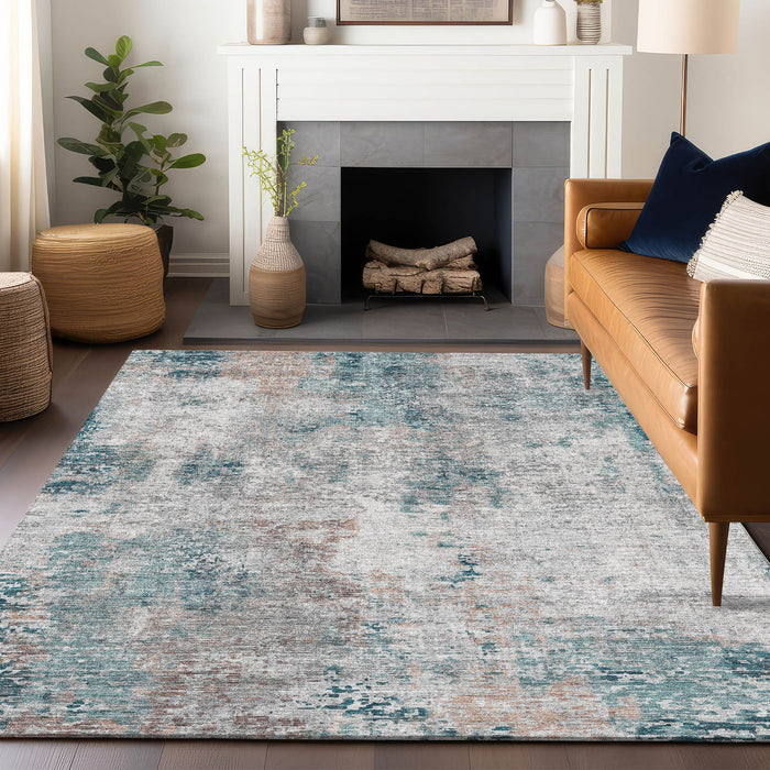 10' X 14' Copper Abstract Washable Area Rug With UV Protection - Teal