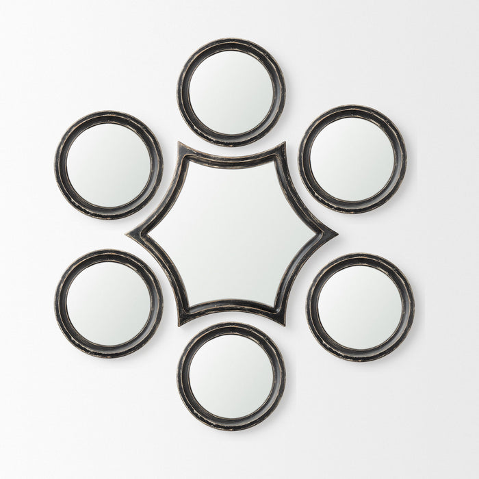 7 Piece Set Wood Round Geometric Framed Accent Mirror - Black