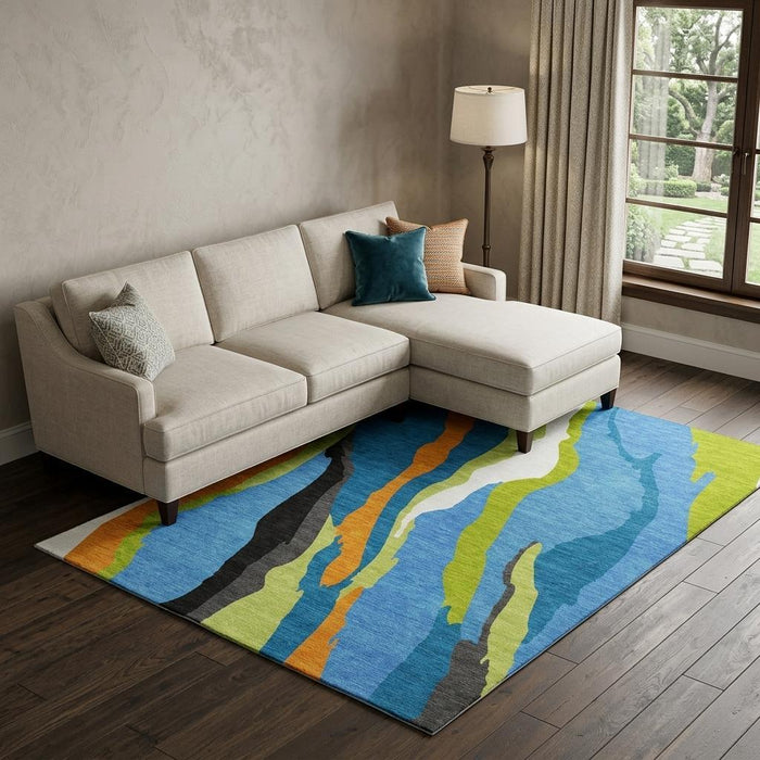 10' X 14' Abstract Washable Area Rug With UV Protection (682115) - Denim Blue / Orange / Lime Green