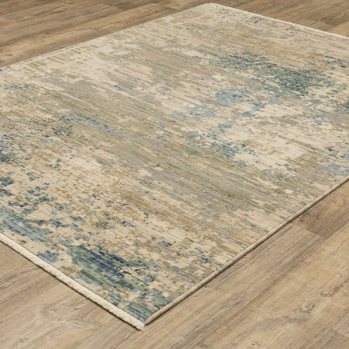 8' X 11' Abstract Area Rug With Fringe - Beige And Blue