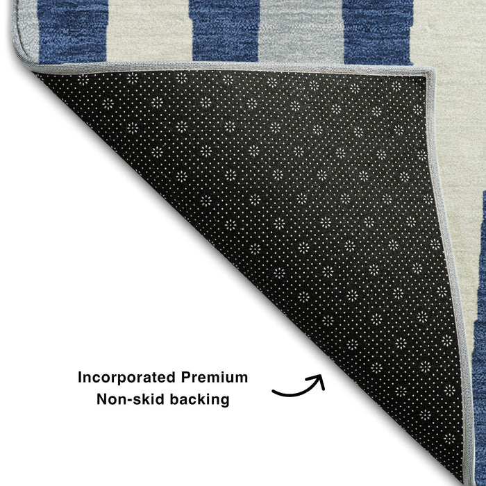 10' X 14' Geometric Washable Area Rug With UV Protection (670069) - Navy Blue / Ivory