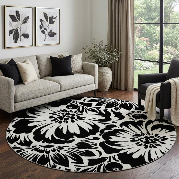 8' Floral Washable Round Rug With UV Protection (648619) - Black / Ivory