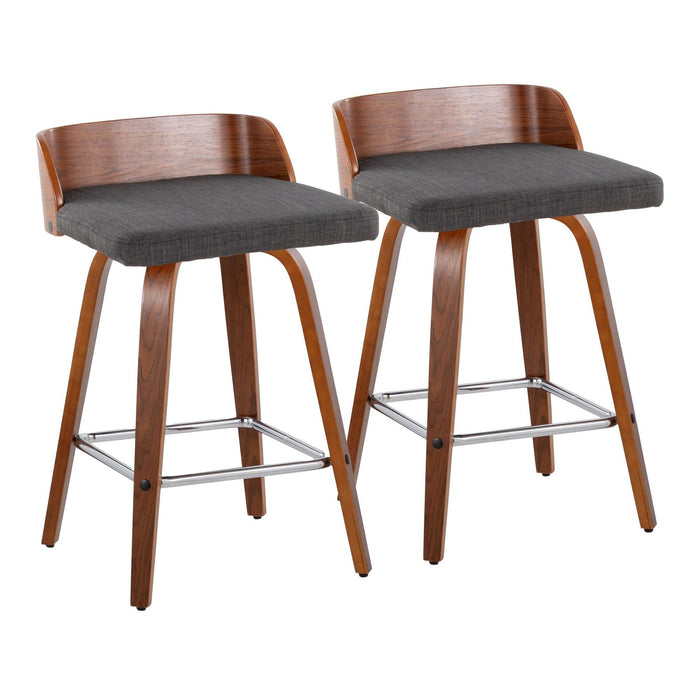 Maya - Mid-Century Modern Fixed-Height Swivel Counter Stool (Set of 2) - Walnut Wood / Charcoal Fabric With Square Chrome Metal Footrest