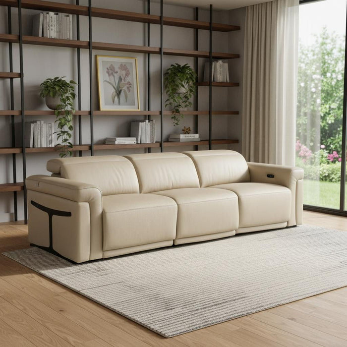 Top Grain Leather Reclining Metal USB Sofa (720427) - Beige