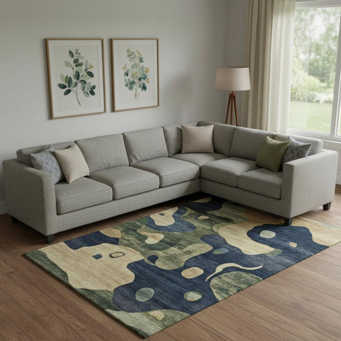 10' X 14' Abstract Washable Area Rug With UV Protection (716857) - Navy Blue / Beige