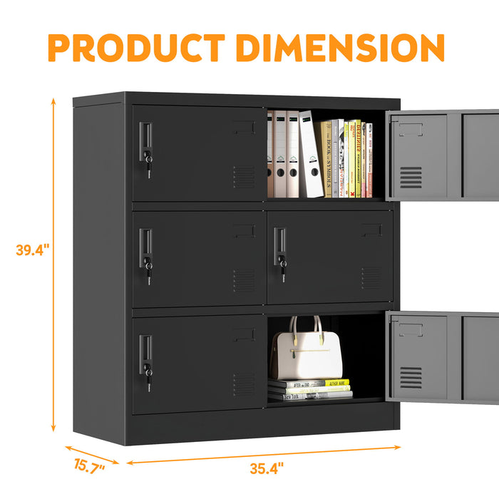 Black Giga 6-door employee storage locker with card slot, suitable for office, gym, school, or home use.